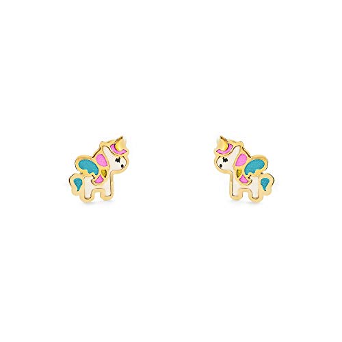Damen und Kinder Emaille Einhorn Ohrstecker - Gelbgold 9 Karat (375)