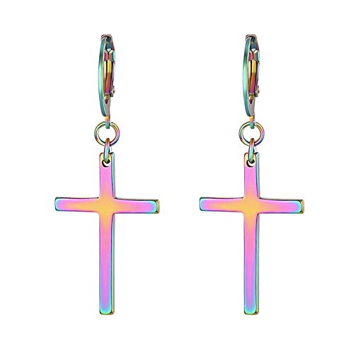 Flongo Herren Ohrstecker Creolen Damen Ohrringe aus Edelstahl Silber Schwarz Rose Gold Blau Bunt Stecker mit Kette Kreuz Anhänger Jahrgang Männer, Frauen
