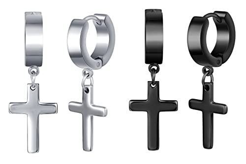 Feilok 2 Paar Creolen für Männer Frauen edelstahl Ohrstecker Ohrringe Huggie Ohrringe Set Kreuz Scharnier Kreuz Ohrhänger Baumeln Klappohrring Silber Schwarz