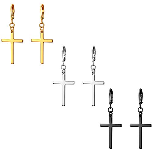 JewelryWe Creolen Ohrringe mit Kreuz Anhänger: 3 Paar Set Edelstahl Klassisch Creolen Huggie Ohrringe mit Baumelnde Kreuz Ohrstecker Ohrhänger Ohr-Piercing für Herren Damen, Schwarz Gold Silber