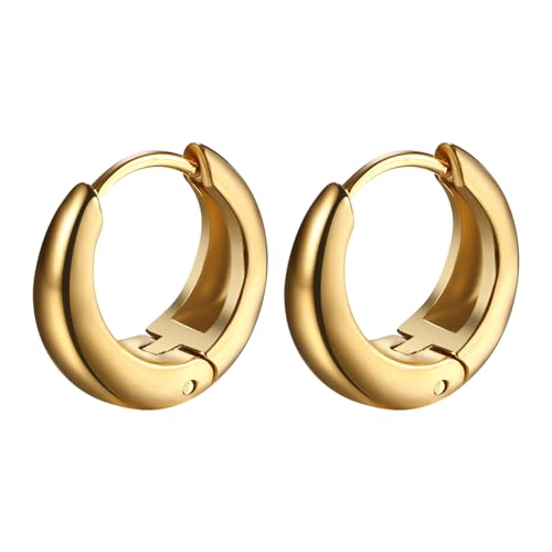 Flongo Creolen Gold Ohrringe für Damen: 14k Vergoldet Kleine Hoop Geometrische Huggie Creolen Edelstahl Ohrstecker Chunky Hypoallergene Frauen Mädchen leichte Ohrringe