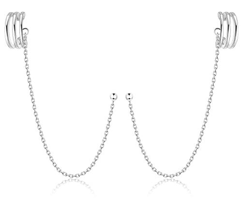 Milacolato Ear Cuff Silber 925,Ohrringe Earcuffs für Damen,Ear Cuff with Chain Ohrklemmen mit Stecker, Ohrklemme mit Kette,Ear Cuff mit Kette Set für Damen Gold Rosegold Silber