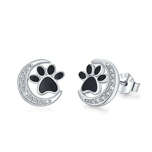 Mond und Hunde Pfoten Ohrringe 925 Sterling Silber Zirkonia Mond Ohrringe mit Schwarz Hundepfote Hypoallergene Tier Ohrstecker Schmuck für Kinder Mädchen Frauen