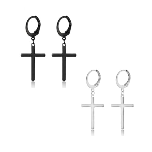 XENQITO 2 Paar Herren Unisex Creolen Edelstahl Klassisches mit Kreuz Anhänger Ohrclips, Ohrringe Set Edelstahl, Ohrstecker Kleine Creolen Kreuz, Hypoallergen Ohrstecker Chirurgenstahl für Männer Damen