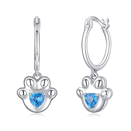 KINGWHYTE Ohrringe 925 Sterling Silber Hängend Baumeln für Frauen Mädchen Kinder, Creolen mit Blauer Herz Zirkon Hund Pfote Schmuck