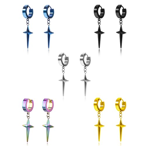 HinDaLi 5 Paar Edelstahl Kreuz Ohrringe für Herren Damen Männer Mädchen Schwarz Gold Silber Ohrringe Creolen mit Kreuz Anhänger Herren Silber Creolen Titan Piercing Ohrhänger Schmuck