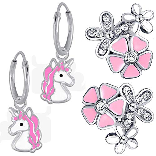 2x Kinder Ohrringe Creolen echt 925 Sterling Silber mit Zirkonia Mädchen Ohrstecker Blumen Einhorn Pferde K618+K701 2x Kinder Ohrringe Creolen echt 925 Sterling Silber mit Zirkonia Mädchen Ohrstecker Blumen Einhorn Pferde K618+K701
