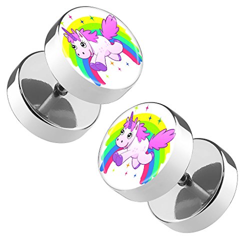 Piersando Ohrringe Fake Ohr Plug Flesh Tunnel Piercing Ohrstecker Stecker Stab Runde Platte mit Picture Comic Motiv über Regenbogen springendes Einhorn