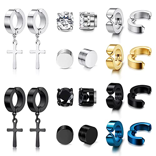 JeweBella 10 Paare Ohrringe Clip Herren Edelstahl Fake Piercing Ohrringe Creolen Anhänger Kreuz Silber/Schwarz Zirkonia Ohrclips Hypoallergen Magnet Ohrstecker Set Nicht Durchbohrte Ohrringe Männer JeweBella 10 Paare Ohrringe Clip Herren Edelstahl Fake Piercing Ohrringe Creolen Anhänger Kreuz Silber/Schwarz Zirkonia Ohrclips Hypoallergen Magnet Ohrstecker Set Nicht Durchbohrte Ohrringe Männer