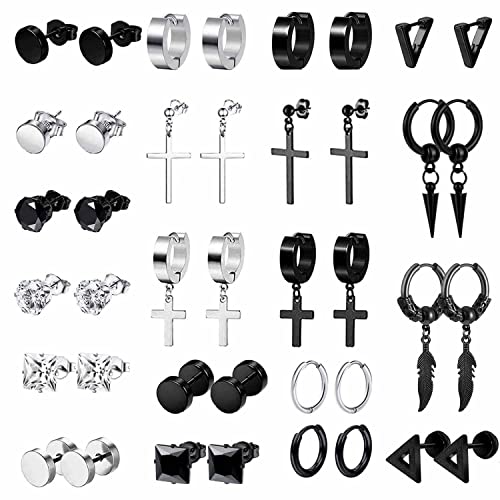 20Paar Edelstahl Punk Creolen Ohrringe für Herren Damen Kleine Kpop Huggie Ohrringe Gothic Hoop Schwarze Ohrringe Runde Zirkonia Kreuz Creolen Huggie Ohrring Ohrstecker Silber Schwarz