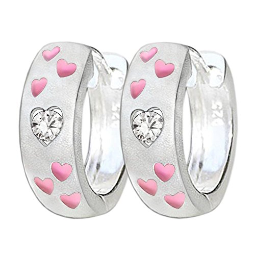 Clever Schmuck Silberne Mädchen Creole Ø 13 mm Optik Vorderseite seidenmatt mit 6 kleinen Herzen in rosa pink lackiert und Zirkonia weiss Rückseite glänzend STERLING SILBER 925 im Etui rosa