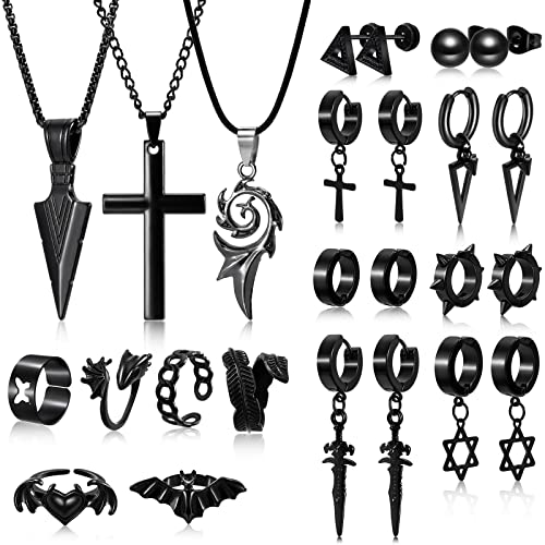 HIFOT 17Pcs Vintage Punk Halskette schwarz Ohrringe Ringe set für Damen Herren Hip Pop Goth Ringe Set Verstellbare Emo Ringe Gothic Schmuck Edelstahl Ohrringe Kreuz Dreieck HIFOT 17Pcs Vintage Punk Halskette schwarz Ohrringe Ringe set für Damen Herren Hip Pop Goth Ringe Set Verstellbare Emo Ringe Gothic Schmuck Edelstahl Ohrringe Kreuz Dreieck