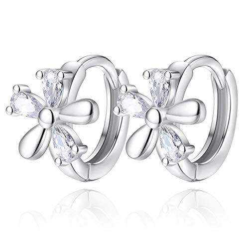 AT Jewellery - 925 Sterling Silber Mädchen Kinder Gänseblümchen-Blume CZ Kubikzirkonia Huggie Creolen