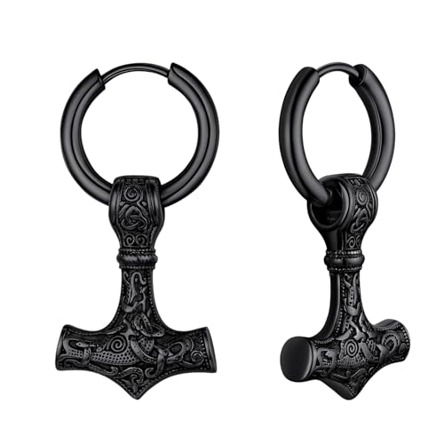 OIDEA Herren Wikinger Ohrringe Hammer: Schwarz Nordischer Thors Hammer Ohrhänger Creolen Ohrschmuck aus Edelstahl für Männer Damen als Geschenk in Weihnachten