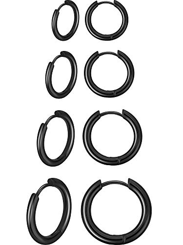 4 Paare Edelstahl Creolen Ohrringe Kleine Knorpel Hoop Ohrringe Nase Lippen Ringe für Männer und Damen (8 mm, 10 mm, 12 mm, 14 mm, Schwarz)