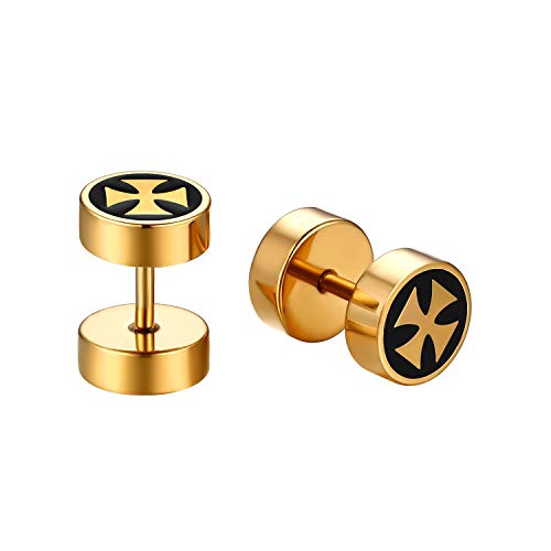 JewelryWe Schmuck Fake Plug Ohrstecker Edelstahl Eisernes Kreuz EK Fakeplug Tunnel Ohrringe Ohr-Piercing für Herren Damen Gold