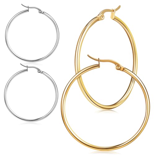 Beaupretty 2 Paare Exaggerierte Creolen Edelstahl Runde Ohrringe in Gold und Silber Leichte Modische Statement accessoires für Damen und Mädchen Geeignet für Alltag und Party