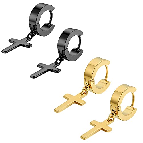 Flongo Herren Ohrstecker Creolen Damen Ohrringe, Edelstahl Ohrstecker Ohrringe Silber Schwarz Gold Stecker Runden Kreuz Anhänger Jahrgang Männer, Frauen