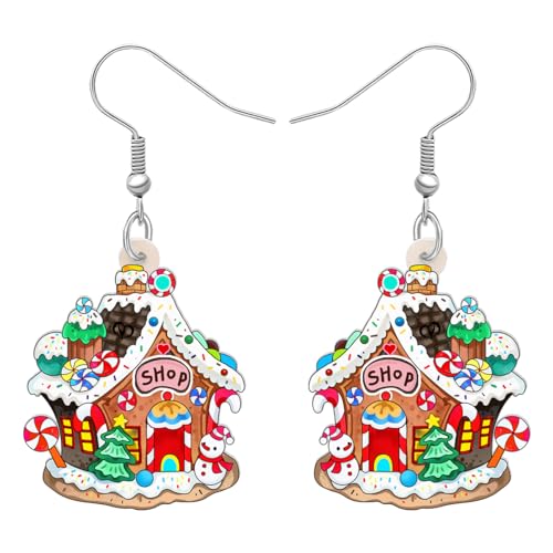 DALANE Acryl Weihnachten Anime Pfefferkuchenhaus Ohrringe Baumeln Tropfen Zuckerstange Schmuck für Frauen Damen Mädchen Kinder lustige Geschenke (Multi A)