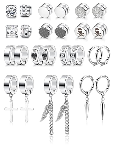 CASSIECA 13 Paare Magnet Ohrringe für Damen Herren CZ Magnet Ohrring Kreuz Feder Baumeln Fake Ohrringe, Silber CASSIECA 13 Paare Magnet Ohrringe für Damen Herren CZ Magnet Ohrring Kreuz Feder Baumeln Fake Ohrringe, Silber