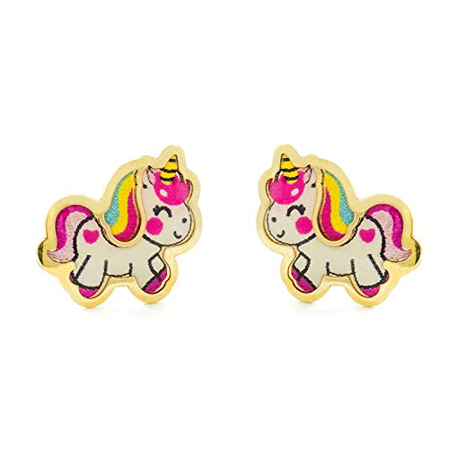 Damen und Kinder Emaille Einhorn Ohrstecker - Gelbgold 9 Karat (375)