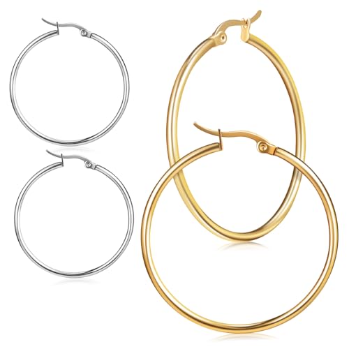 VALICLUD 2 Paare Extravaganter Große Runde Creolen Ohrringe in Gold und Silber Modische Statement ohrringe für Frauen Leicht Angenehm Vielseitig für Partys und Alltag Geeignet