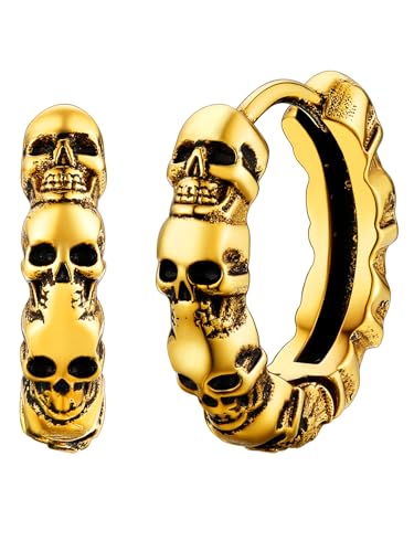 FaithHeart goldener Totenkopf Ohrstecker Punk Piercing Kreolen Ohrstecker Schädel Ohrring mit Geschenkebox für Geburtstag Vatertag