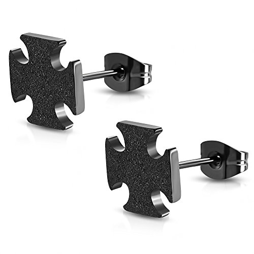 BlackAmazement 2er Set 316L Edelstahl Ohrstecker Sandblasted Eisernes Kreuz Celtic Iron Cross schwarz Biker Gothic Damen Herren