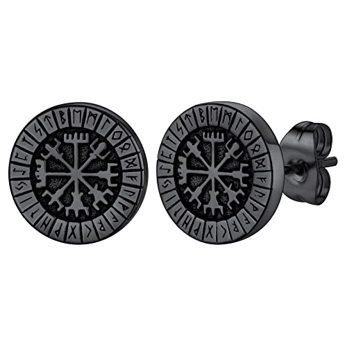 FaithHeart Schwarz Wikinger Vegvisir Ohrstecker mit Rune Punk Rune Ohrstecker mit Geschenkebox für Geburtstag Valentinstag