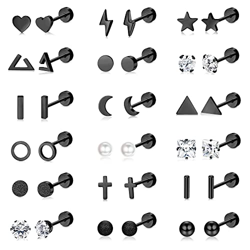 Kakonia 18 Paar Ohrstecker aus chirurgischem Edelstahl für Damen Herren 20G Knorpelohrringe Ohrstecker Kreuz Mond Stern Kleine Ohrstecker Schwarzgold Ohrringe mit flacher Rückseite Schwarz