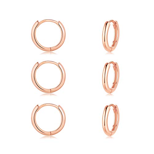 CERSLIMO Creolen Silber 925, Creolen Silber Gold Rosegold Schwarz Damen Herren, Klein Creolen Set (8mm/10mm/12mm) Zierliche Knorpel Tragus Helix Schlafen Ohrringe (Rosegold)