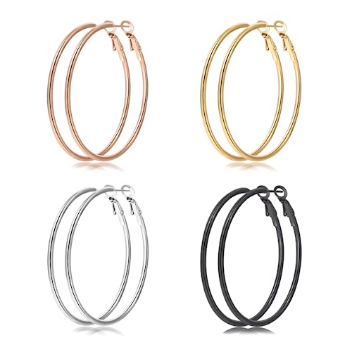 Senteria Groß schwarze Olehrringe Creon für Damen Mädchen 4 Paare Ohrringe Edelstahl Damen Set dünne schwarze Ohrringe Creolen Leicht 60MM