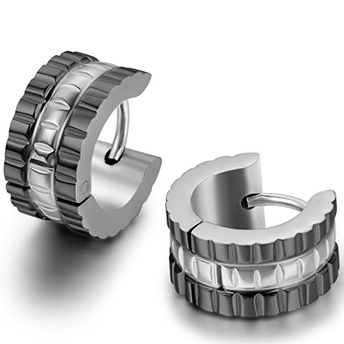 JewelryWe Schmuck Herren Ohrringe, Edelstahl, Breit Kariert Poliert Creolen Ohrstecker, Schwarz Silber