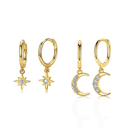 CERSLIMO Huggie Creolen Gold Damen mit Klein Zirkonia Anhänger Mond und Sterne Anhänger für Frauen Mädchen, Ohrhänger Gold Vergoldet Creolen Set