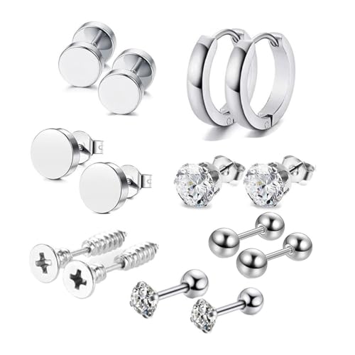 LYITZW 7 Pairs Ohrringe Set für Herren Hypoallergen Ohrstecker Chirurgenstahl Ohrstecker Ohrringe für Mehrere Ohrlöcher Zirkonia Creolen Ohrstecker Set Tragus piercing Silber für Herren Damen