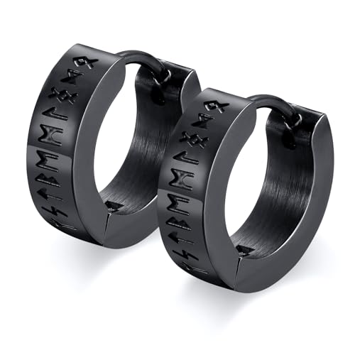 Nordischer Wikinger Hoop Ohrring Herren - Amulett Schutz Schmuck Geschenke Edelstahl Herren Ohrstecker mit Nordic Elder Futhark Runen,Schwarz,1 Paar,
