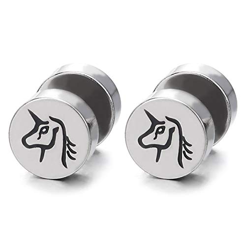 8MM Damen Mädchen Langhantel Kreis Ohrringe Ohrstecker mit Schwarzer Emaille Einhorn, Fake Plugs Ohr Cheater Edelstahl