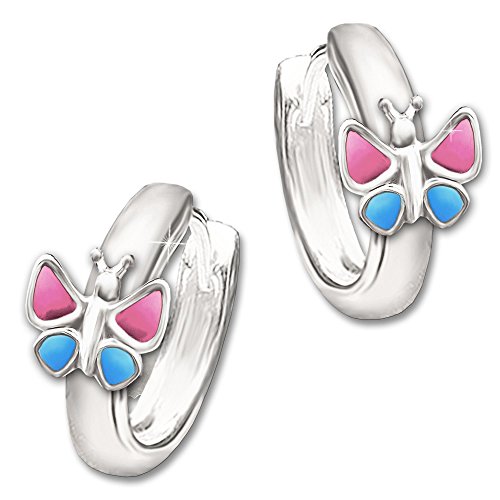 Clever Schmuck Silberne Kinder Creole 12 mm mit Schmetterling 7 mm rosa - pink und blau lackiert glänzend STERLING SILBER 925