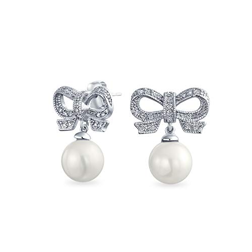 Victorian Stil Cocktail Hochzeit Braut Zartes Ribbon Cubic Zirconia Weiß Simuliert Pearl Cz Pave Bow Stud Drop Ohrringe Für Frauen Silber Plattiert
