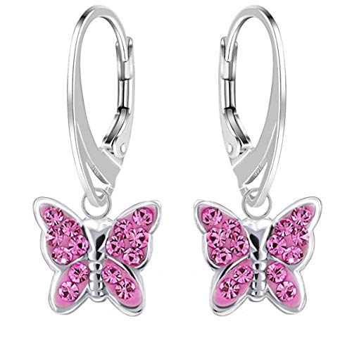 Schmetterling Kristall Rosa Ohrringe Mädchen Silber 925 Hängend Damen Hängeohrringe