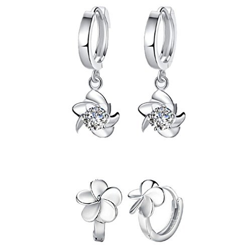 2Pcs Creolen Damen Mädchen 925er Sterling Silber Elegant Ohrringe Hängende Blumen mit Bling Zirkonia Hypoallergen Clip-On
