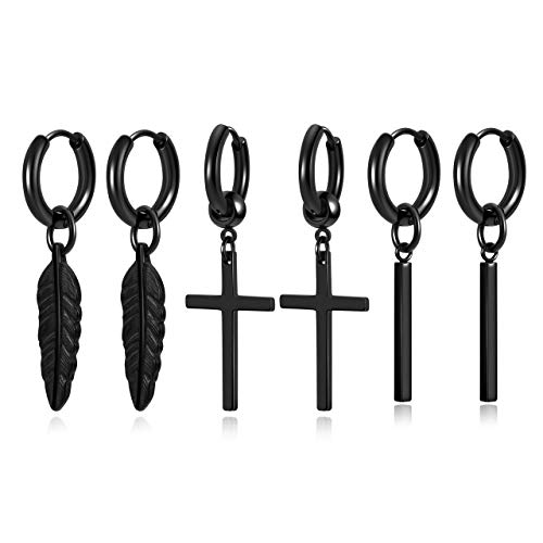 AllerPierce 3 Paare Edelstahl Ohrringe mit Kreuz, Feder, Quader Anhänger Hoop Creolen Set für Herren Damen 18G Baumeln Hängend Ohrpiercing Ohrhänger (Schwarz) AllerPierce 3 Paare Edelstahl Ohrringe mit Kreuz, Feder, Quader Anhänger Hoop Creolen Set für Herren Damen 18G Baumeln Hängend Ohrpiercing Ohrhänger (Schwarz)