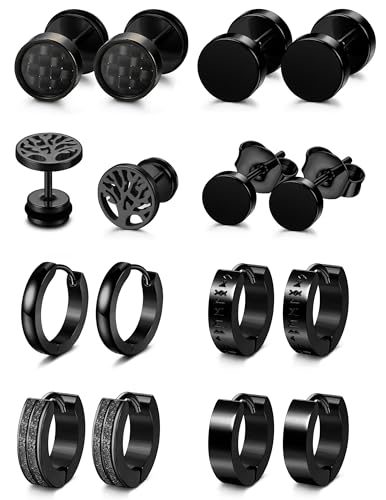 YADOCA 8 Paare Ohrringe Herren Schwarz Edelstahl Hypoallergen Ohr Piercing Creolen für Männer Jungen, B