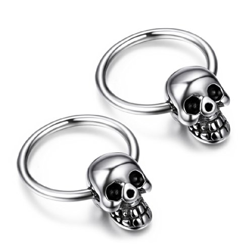 JewelryWe Schmuck Edelstahl Herren Ohrringe, Gotik Totenkopf Schädel, Hoop Creolen Ohrstecker Ohrschmuck Silber ein Paar