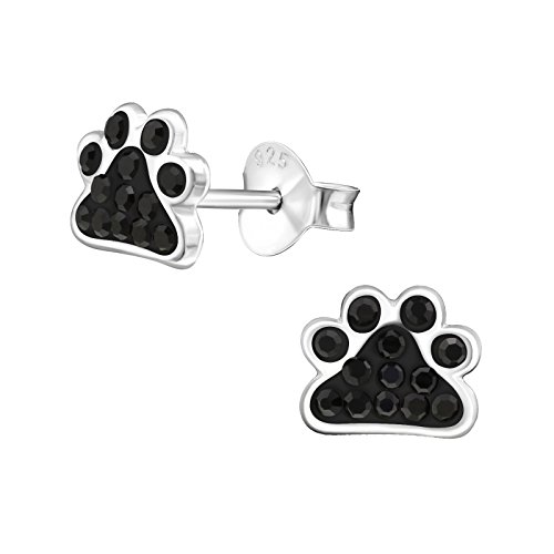 Laimons Mädchen-Ohrstecker Hundepfote PfoteTatze 6mm Glitzer Schwarz Sterling Silber 925
