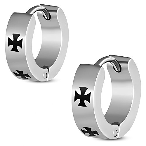 BlackAmazement 2er Set 316L Edelstahl Klapp Creolen Ohrringe Kreuz Cross Templer Biker Herren