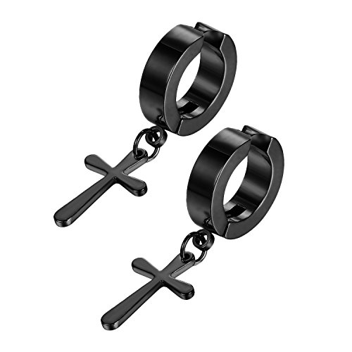 JewelryWe Schmuck Unisex Creolen Ohrringe Edelstahl Kreuz Ohrhänger ohne Loch Fake Ohrstecker Ohrclips Klappcreolen Huggie, Schwarz