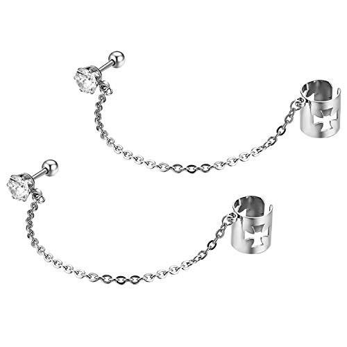 JewelryWe Schmuck Ohrklemme mit Kette Edelstahl Zirkonia Eisernes Kreuz Ohrringe Ohrclips Ohr Manschetten Fake Piercing Ohrstecker für Damen Herren Silber