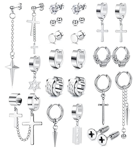 Adramata 12 Paare Herren Ohrringe Set - Chirurgenstahl Stecker, Kreuz, Hängend, Punk, Creolen - Silber und Schwarz für Herren und Damen