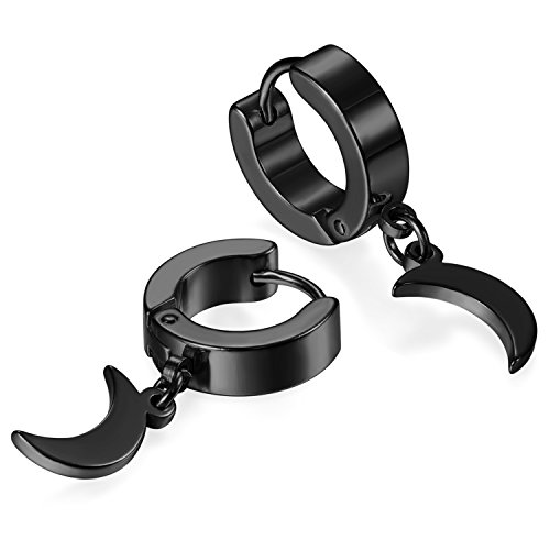 JewelryWe Schmuck Herren Ohrringe Creolen, Edelstahl Huggie Hoop Klappcreolen Ohrpiercing Ohrhänger Ohrstecker mit Mond Anhänger Geschenk für Männer Damen Schwarz